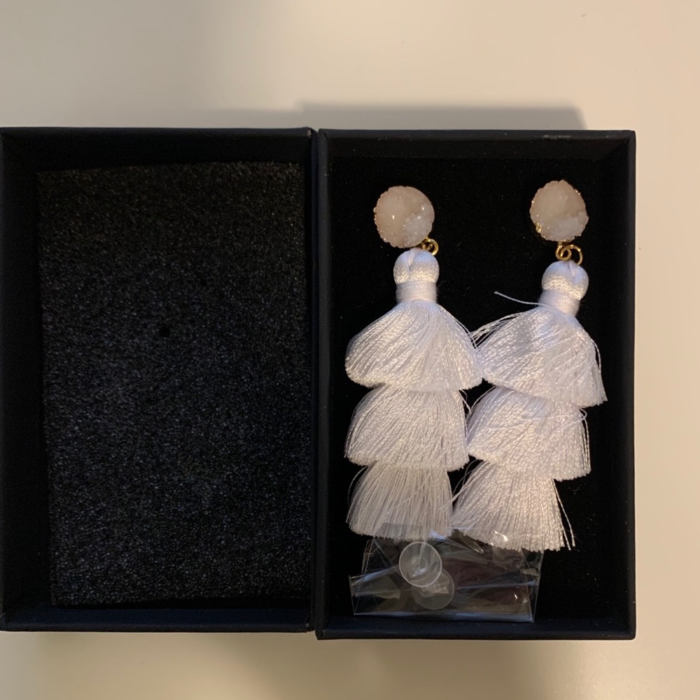 New in box white tassel and quartz earrings